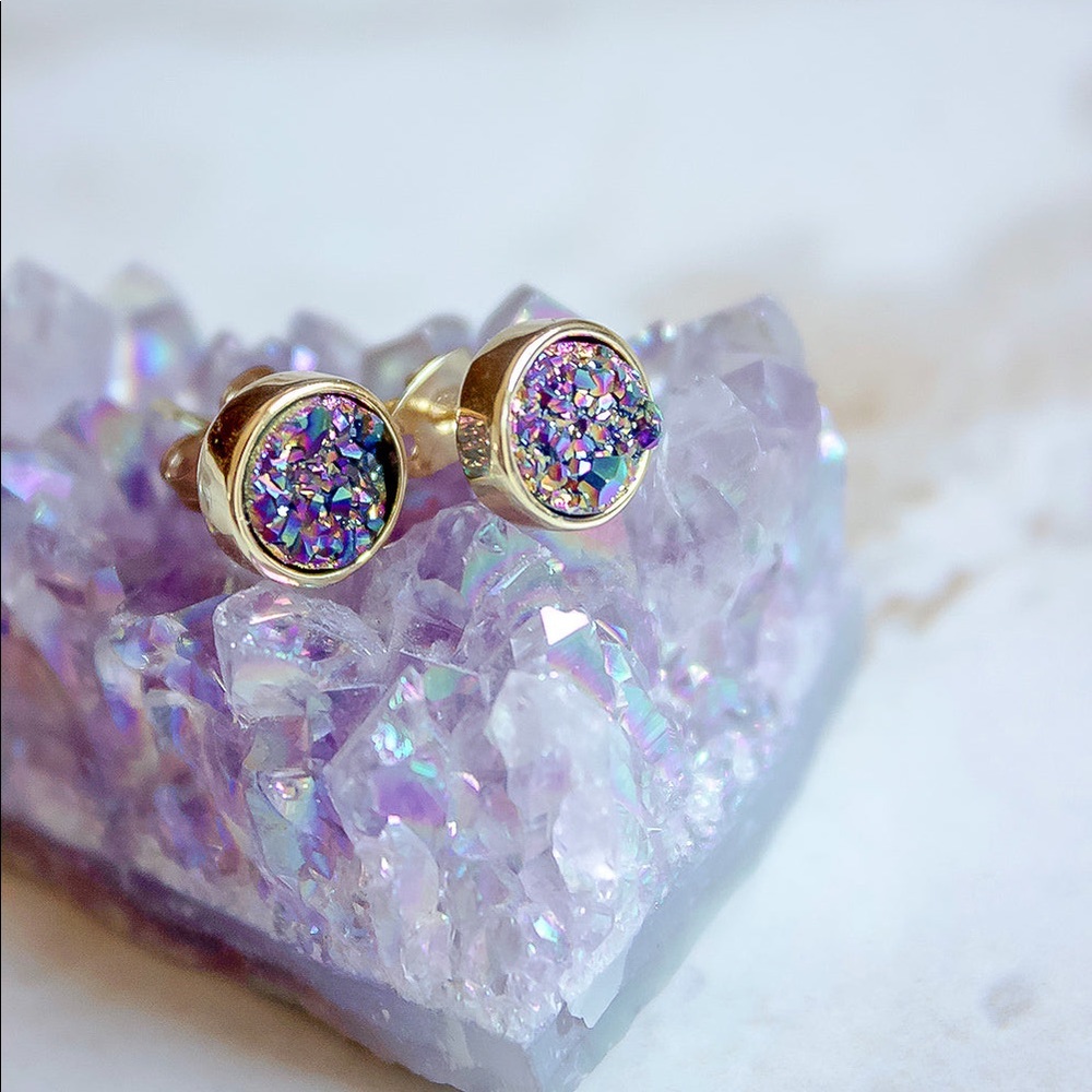Rainbow Colored Gold Plated Druzy Stud Ear… - Picture 1 of 4